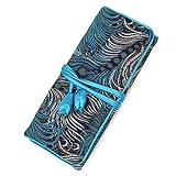 Wei Long Jewelry Roll,Travel Jewelry Roll Bag,Silk Embroidery Brocade Jewelry Organizer Case with Tie Close,(Peacock,Blue)