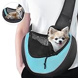 WOYYHO Small Dog Sling Carrier, Breathable Pet Cat Puppy Dog Carrier Sling for Small Medium Dogs, Adjustable Cat Dog Carrying Sling for Travel with Bottom, Cyan, Small