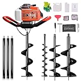 62CC Auger Post Hole Digger, 2 Stroke Gas Powered Earth Post Hole Digger with 3 Auger Drill Bits(5' & 6' & 8') + 3 Extension Rods for Farm Garden Plant