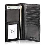 Slim Leather Long Wallet for Men & Women, Italian Calfskin, Breast Pocket Wallet for Checkbook, Credit Cards (Black)