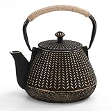 Cast Iron Teapot with Teapot Lid Clip - MIDIMORI Japanese Cast Iron Tea Kettle Stovetop Coated with Enameled Interior, Wheat Pattern Tea Pot with Infusers for Loose Tea (34 Ounce /1000 ml)