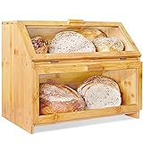 Laura's Green Kitchen Bamboo Bread Box for Kitchen Counter - Double Layer Bread Storage with Clear Windows - Rustic Farmhouse Style Bread Bin (Self-Assembly)