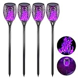 EOYIZW Solar Torch Light with Flickering Flame, 4 Pack Premium 99 LEDs Solar Flame Torch- IP65 Waterproof Solar Tiki Torches Garden Pathway Lights Decoration Outdoor for Yard Patio Driveway- Purple