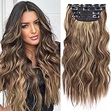 4PCS Clip in Hair Extensions Honey Blonde Mixed Light Brown 20 Inch Long Wavy Synthetic Hair Extensions (4pcs, 20Inch, 22H10#)