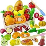 Beberolen Wooden Play Food Sets for Kids Kitchen Toddlers Wood Toys Cutting Fruit Pretend Food Play Kitchen Accessories Set for Boys and Girls