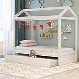 Merax Twin House Bed with Trundle, Twin Size Wooden House Bunk Bed with Support Legs, Can be Decorated for Girls, Boys (White)