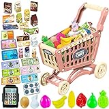 [Newest] Yeeyuue Kids Shopping Cart Toy, Toddler Shopping Cart with 54 PCS Shop Accessories & Storage Properties, Included Grocery Cart Toy, Credit Card, Pretend Fruit Vegetables (Pink)