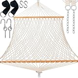 Gafete Rope Hammocks Swing with 5ft Tree Straps, Traditional Hand Woven Cotton 52' Double Hammock with Free Chains & Straps & Hooks & Hardwood Spreader Bar for Outside Outdoor, Max 450Lbs (Natural)