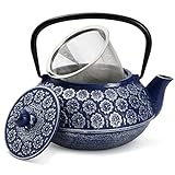 Juvale Japanese Cast Iron Teapot with Infuser for Loose Leaf and Tea Bags, Kettle Includes Handle and Removable Lid (Blue, 34oz)