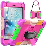 SEYMAC Kids Case for iPad Mini 5/4 7.9 Inch, Sturdy Heavy Duty Shockproof Full-Body Protective Case with Screen Protector, Rotating Stand, Hand/Shoulder Strap for iPad Mini 5th/4th Gen - Camo/Pink