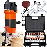 THINKWORK Compact Router, 6.5-Amp 1.25 HP Compact Wood Palm Router Tool Kit, Wood Trimmer with 15 pieces 1/4' Router Bits Set, 30000R/MIN