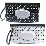 Baby Wipe Dispenser,Portable Refillable Wipe Holder Wipe Dispenser Bag Reusable Travel Wet Wipe Pouch (black & white stars)