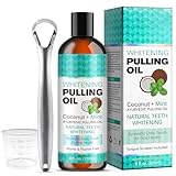 Pulling Oil (8 Fl.Oz) | Coconut Mint Oil Pulling for Teeth | Organic Mouthwash with Metal Tongue Scraper for Oral Health, Teeth and Gums