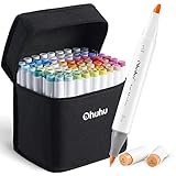 Ohuhu Alcohol Markers Brush Tip - Double Tipped Art Marker Set for Kids Artist Adults Coloring Sketching Illustration - 72 Colors w/ 1 Colorless Alcohol-based Blender - Chisel & Brush Tips - Honolulu