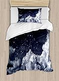 Ambesonne Night Sky Duvet Cover Set, Nocturnal Cloudy Astronomical Sky Space Telescope View of Stars Image, Decorative 2 Piece Bedding Set with 1 Pillow Sham, Twin Size, Blue Grey and White