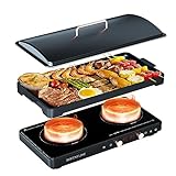 Electric Induction Cooktop 2 Burners and Removable Cast Iron Griddle Pan Non-stick, 1800W Double Burner with Dual Independent Temperature Control,Suitable for Kitchen and Outdoor BBQ,Great for Family Party
