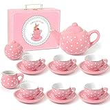 Porcelain Tea Party Set for Little Girls -Cute Mini Ceramic Tea Cups Toy with Carrying Case - Kids Kitchen Pretend Play for Toddlers and Children Ages 3 4 5 6 Years Old Birthday Gift,17 Pcs(Pink)