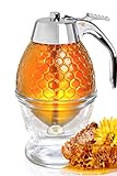 Hunnibi Honey Dispenser PLUS - Glass Honey Dispenser No Drip Glass with Stand and STAINLESS STEEL TOP - Syrup Dispenser Glass - Beautiful Honey Pot - Honey Jar with Stand