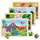 Wooden Puzzles Dinosaur Toys for Kids Ages 3-5, Set of 4 Packs with 24-Piece Wood Jigsaw Puzzles, Preschool Educational Brain Teaser Boards for Boys and Girls 3 4 5 6 Years Old