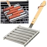 KAYCROWN Hot Dog Roller Stainless Steel Sausage Roller Rack with Extra Long Wood Handle, BBQ Hot Dog Griller For Evenly Cooked Hot Dogs, 5 Hot Dog Capacity