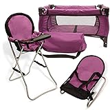 Mommy & Me 3 In 1 Baby Doll Accessories Mega Deluxe Playset with Doll High Chair, Doll Bouncer, and Doll Pack N Play Baby Doll Crib, Fits 18 Inch American Girl Doll, Purple