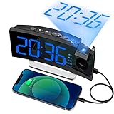 Alarm Clock Radio, Digital Clock with 0-100% Dimmer and Projection on Ceiling, Large Display, Dual Alarms, USB Charger, 5 Alarm Sounds and Adjustable Volume, Digital Alarm Clock for Bedroom, Snooze