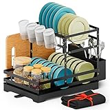 BBXTYLY Large Dish Drying Rack, 2 Tier Collapsible Dish Racks with Drainboard，Drainage, Wine Glass Holder, Utensil Holder and Extra Drying Mat, Dish Drainers for Kitchen Counter (Black)