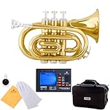 Mendini MPT Brass Bb Pocket Trumpet + Tuner, Case, Mouthpiece, & More (Gold)