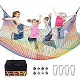LPIW Climbing Net for Kids - 9.9FT x 9.9FT Double Layers Heavy Duty Playground Safety Net, Climbing Cargo Net for Tree House Tree Fort, Back Yard, Jungle Gyms, Monkey Bar Security Mesh（Rainbow）