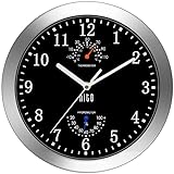 HITO 10 Inch Silent Wall Clock Battery Operated Non Ticking Glass Cover Silver Aluminum Frame, for Kitchen, Bedroom, Home Office, Living Room Decor (Black)