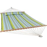 Sunnydaze Outdoor Quilted Fabric Hammock - Two-Person with Spreader Bars - Heavy-Duty 450-Pound Capacity - Blue and Green