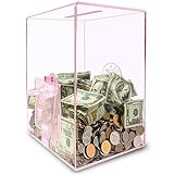 Coin Caddy Clear Piggy Bank for Adults Kids - Large & Sturdy Personal Money Jar for Cash Saving with Key - Acrylic Money Saving Box for Vacation, Wedding, Birthday Gifts & Fun, Pink Piggy Banks
