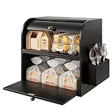 TQVAI Bamboo Bread Box for Kitchen Countertop Dobule Layer Roll Top Bread Bin with Silverware Basket - Can Use as 2 Individual Bread Boxes - Assembly Required, Black
