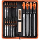 REXBETI 17Pcs Metal File Set, Premium Grade T12 Drop Forged Alloy Steel, Flat/Triangle/Half-round/Round Large File and 12pcs Needle Files, Cleaning Metal Wire Brush with Carry Case