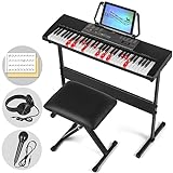 MUSTAR Piano Keyboard with Lighted Up Keys, Learning Keyboard Piano 61 Keys for Beginners, Electric Piano Keyboard with Bench, Piano Stand, Headphones, Microphone, Note Stickers, Built-in Speakers