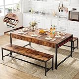 Loomie 63' Dining Table Set for 4-6, 3-Piece Kitchen Table with 2 Utensil Drawers, 2 Benches & Wine Rack, Modern Space Saving & Heavy Duty Dinner Table Set with Metal Frame & MDF Board,Rustic Brown