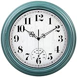zyzamay 12 Inch Indoor Outdoor Clocks,Waterproof Wall Clock with Thermometer,Easy to Read,Non-Ticking Battery Operated Quality Quartz Clock, Decorative for Patio,Porch,Pool,Bathroom,Deck(Green)