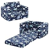 Ulax Furniture Children Sofa Chair For Reading, Kids FILP-Out Polyurethane Chair, Lightweight, Convertible Sofa to Sleeper Couch (Navy Dinosaur)