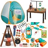 Qtioucp Kids Camping Set 50pcs with Folding Storage Table/Tent & Children’s Projector Flashlight- Outdoor Campfire Toy Set for Toddlers Kids - Pretend Play Camp Gear Tools for Birthday Christmas