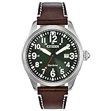 Citizen Men's Eco-Drive Weekender Garrison Field Watch in Stainless Steel with Brown Leather strap, Green Dial (Model: BM6838-09X)