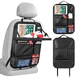 LUCMO Car Backseat Organizer with Tablet Holder,6 Storage Pockets Car Storage Organizer with Foldable Food Tray,Car Seat Back Protectors Kick Mats Travel Accessories-Black