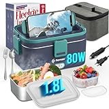 Pavezo Electric Lunch Box [Faster-80W, Large-1.8L] Food Heated Lunch Box, 12V/24V/110V Food Warmer Lunch Box for Car Truck Home, With Airtight Lid, SS Container, Fork Spoon, Carry Bag