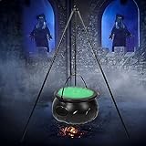 Hourleey Witches Cauldron on Tripod, Halloween Outdoor Decorations with Green Lights, Hocus Pocus Candy Bucket Decor for Home Patio Garden Lawn Outside