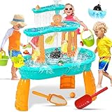 Upgraded Toddler Water Table, 3-Tier Outdoor Kids Activity Table with Water Pump & Water Toy Accessories, Rain Showers Splash Pond Outside Water Play Toys Sand Sensory Table for Boys Girls Age 3+