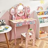 MAT EXPERT Kids Vanity with Stool & Mirror, Pretend Dresser Playset w/Tri-Folding Oval Mirror & 3 Drawers, Toddler Vanity w/Detachable Top, 2 in 1 Princess Makeup Dressing Table w/5 Accessories
