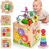 Kizfarm 8-in-1 Activity Cube Wooden Montessori Toys for 1+ Year Old, Bead Maze Shape Sorter Developmental Learning Toys, Bonus Sorting & Stacking Toys for 12M+ Toddlers, Gift Packaging