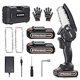Mini Chainsaw, O-CONN 4 Inch Cordless Handheld Electric Chainsaw with 2 Batteries and 2 Chains, Battery Powered Portable Small Chain Saw with Safety Lock, for Tree Trimming Branch Wood Cutting
