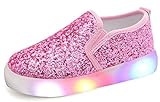 Minibella Girl's Light Up Sequins Slip On Loafers Flashing LED Casual Shoes Flat Sneakers (Toddler/Little Kid) Pink