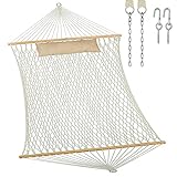 JoyView Traditional Rope Double Hammock - Hand Woven Cotton Hammock with Hardwood Spreader Bar and Pillow 450lb Capacity 2 Person Hammock for Outdoor Indoor Patio Yard - Natural