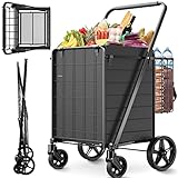 Folding Shopping Cart for Groceries,360 lbs Capacity Grocery Cart with Waterproof Liner and 360° Swiveling Wheels Collapsible Shopping Carts with Double Basket for Condo Laundry Transport Trip